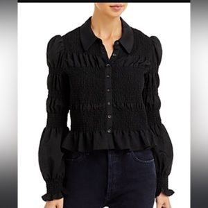 Wayf Black Long Sleeve Shirt with Ruffle and Smocked Details